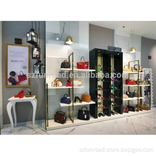 Metal display shelves for ladies handbags and glasses display cases for handbag retail shop